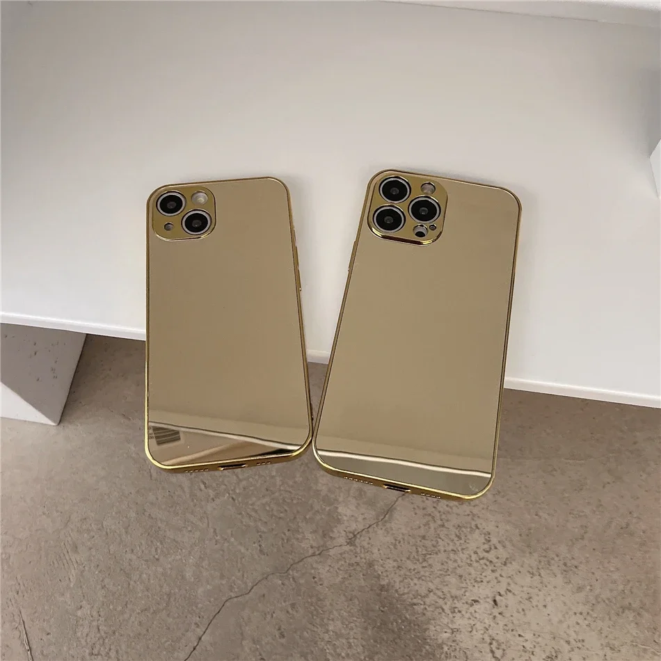 Luxury Glossy Plating Gold Silver Mirror Plain Phone Case for iPhone 16 15 14 13 12 11 Pro Max 15 14 16 Plus Back Cover Coques