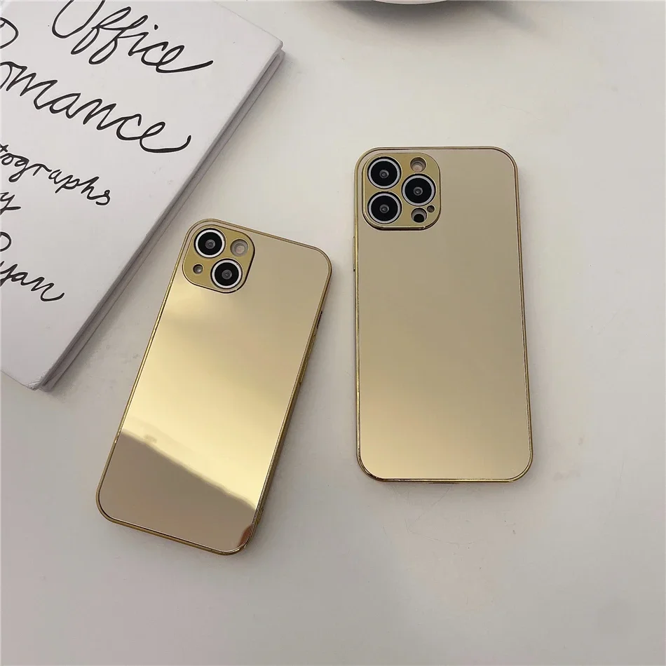 Luxury Glossy Plating Gold Silver Mirror Plain Phone Case for iPhone 16 15 14 13 12 11 Pro Max 15 14 16 Plus Back Cover Coques