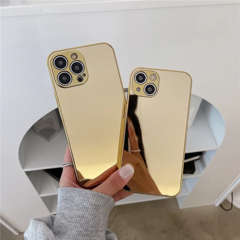 Luxury Glossy Plating Gold Silver Mirror Plain Phone Case for iPhone 16 15 14 13 12 11 Pro Max 15 14 16 Plus Back Cover Coques