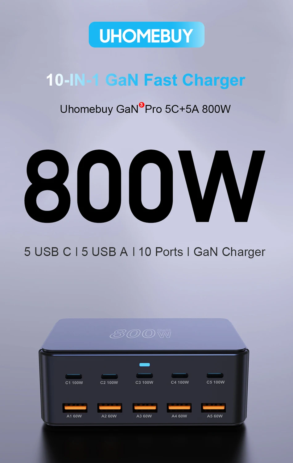 UHOMEBUY 800W GaN Desktop Charger 10-port USB Type C PD 100W Charger Quick Charge 3.0 Fast Charger Mobile USB Charger
