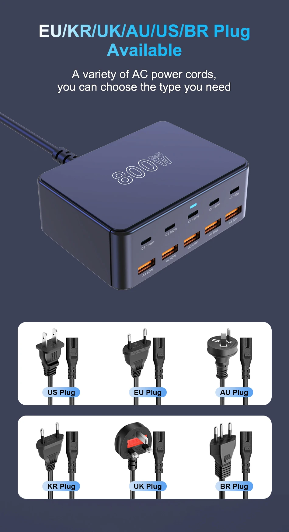 UHOMEBUY 800W GaN Desktop Charger 10-port USB Type C PD 100W Charger Quick Charge 3.0 Fast Charger Mobile USB Charger