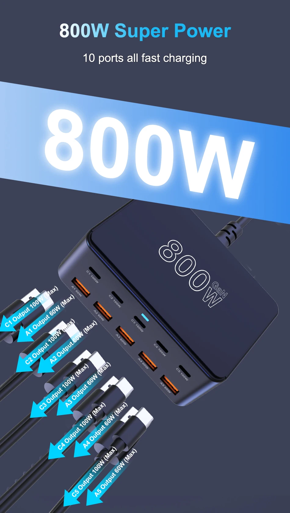 UHOMEBUY 800W GaN Desktop Charger 10-port USB Type C PD 100W Charger Quick Charge 3.0 Fast Charger Mobile USB Charger