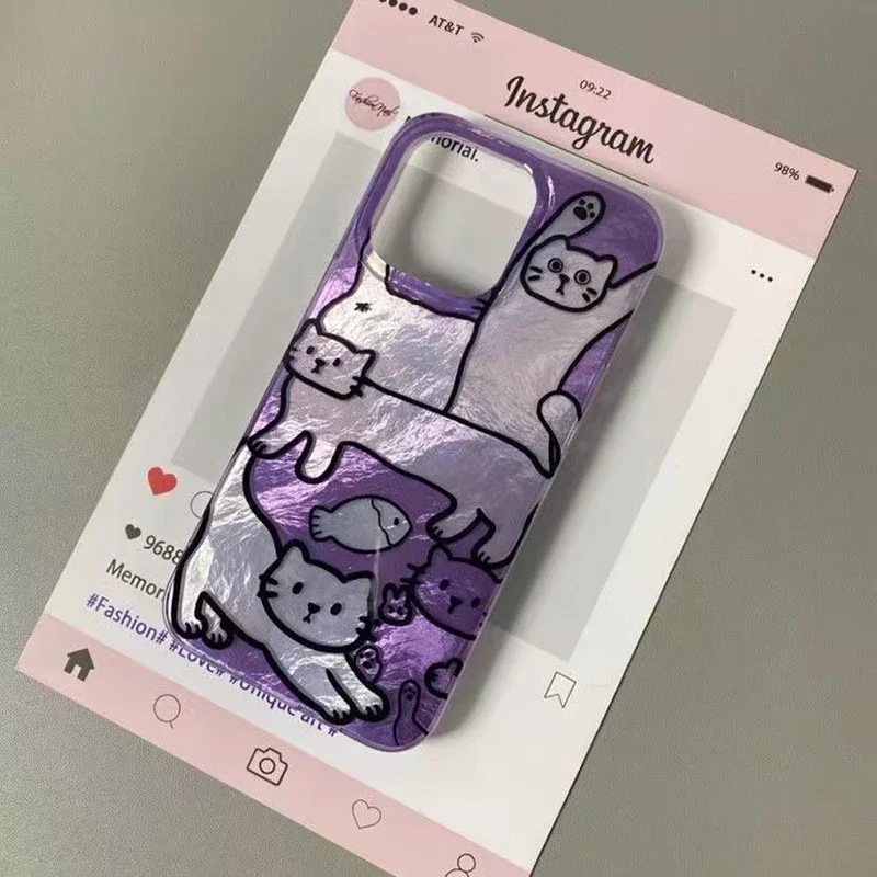 For iPhone 13 Case Perforated Vortex Shell IND Purple Fish Cat Phone Case For iPhone 16 15 14 12 11 Pro Max X XS 7 8 Plus Cover