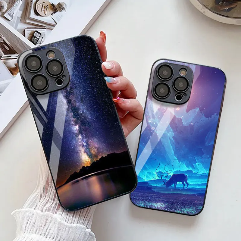 Tempered Glass Star Space Case For iPhone 11 16 15 Pro Max 13 14 12 XS X XR 7 8 Plus SE 2020 16promax Shockproof Funda Covers