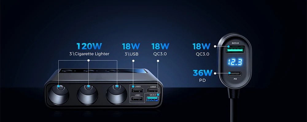 Joyroom 210W 9 in 1 Car Charger Adapter PD 3 Socket Cigarette Lighter Splitter Charge Independent Switches DC Cigarette Outlet