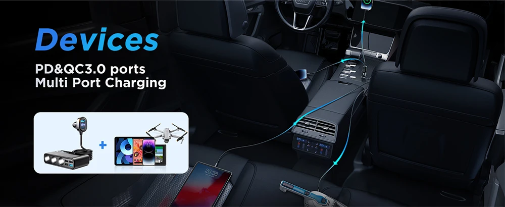Joyroom 210W 9 in 1 Car Charger Adapter PD 3 Socket Cigarette Lighter Splitter Charge Independent Switches DC Cigarette Outlet