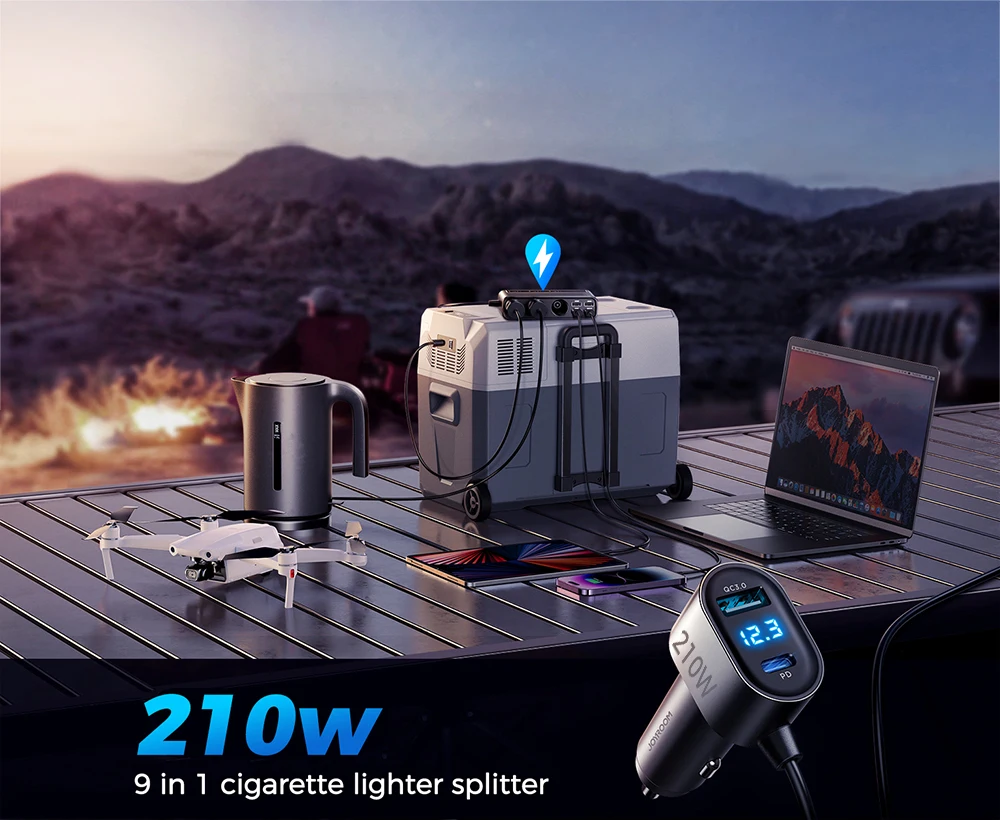 Joyroom 210W 9 in 1 Car Charger Adapter PD 3 Socket Cigarette Lighter Splitter Charge Independent Switches DC Cigarette Outlet