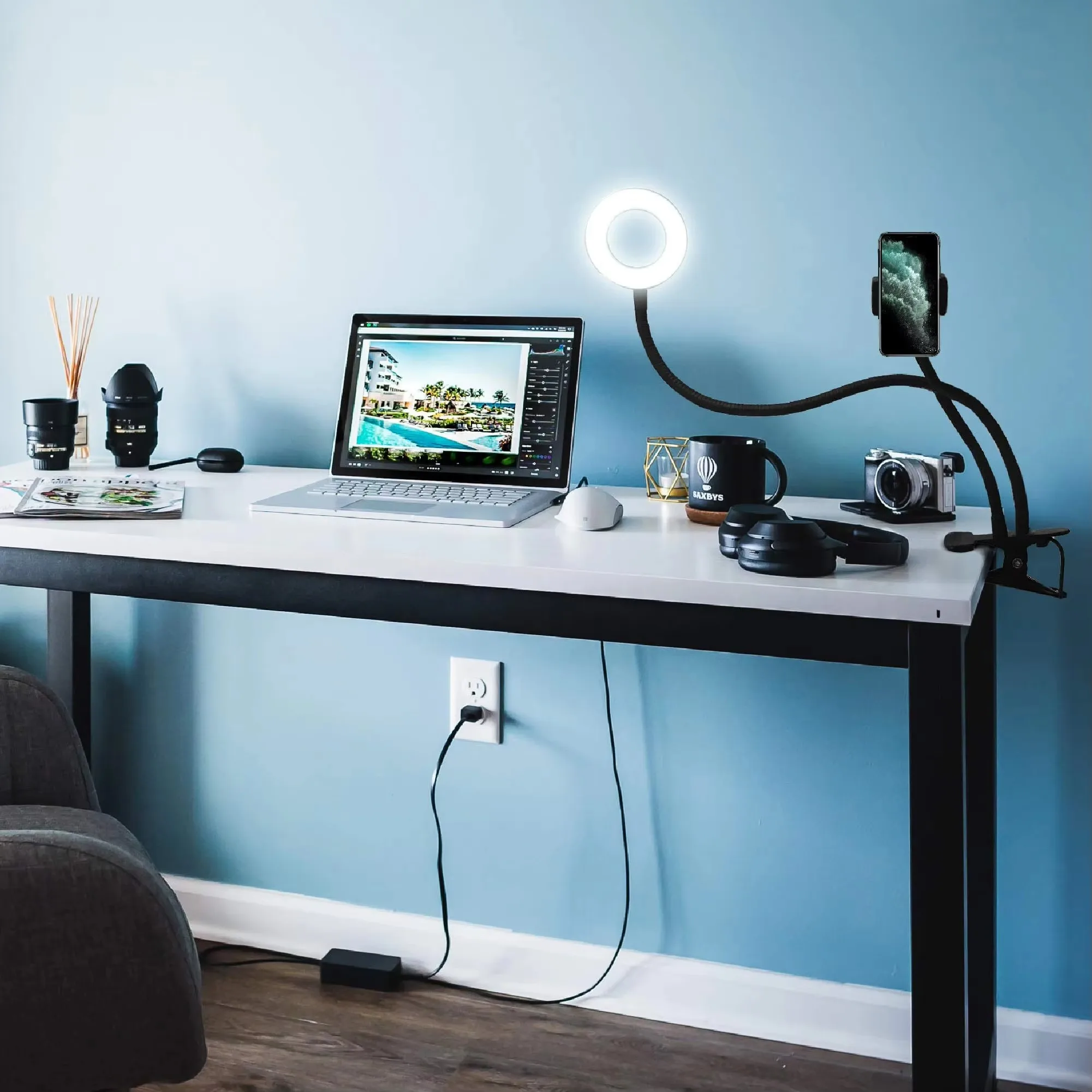 Universal Flexible Mobile Phone Holder with Selfie Ring Light Office Lazy Bracket Desk Lamp LED Light for Live Stream Fill Light