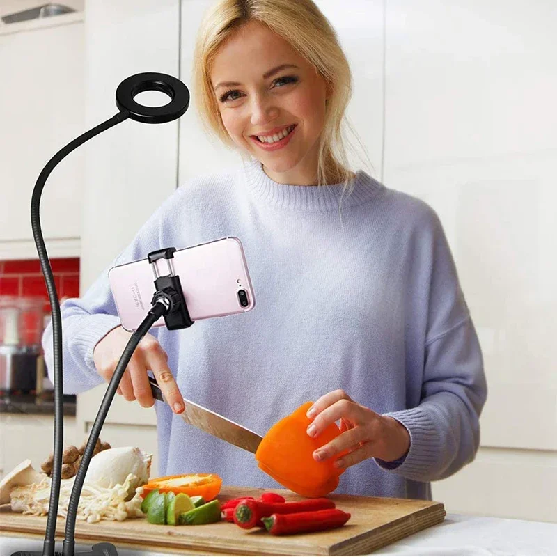 Universal Flexible Mobile Phone Holder with Selfie Ring Light Office Lazy Bracket Desk Lamp LED Light for Live Stream Fill Light