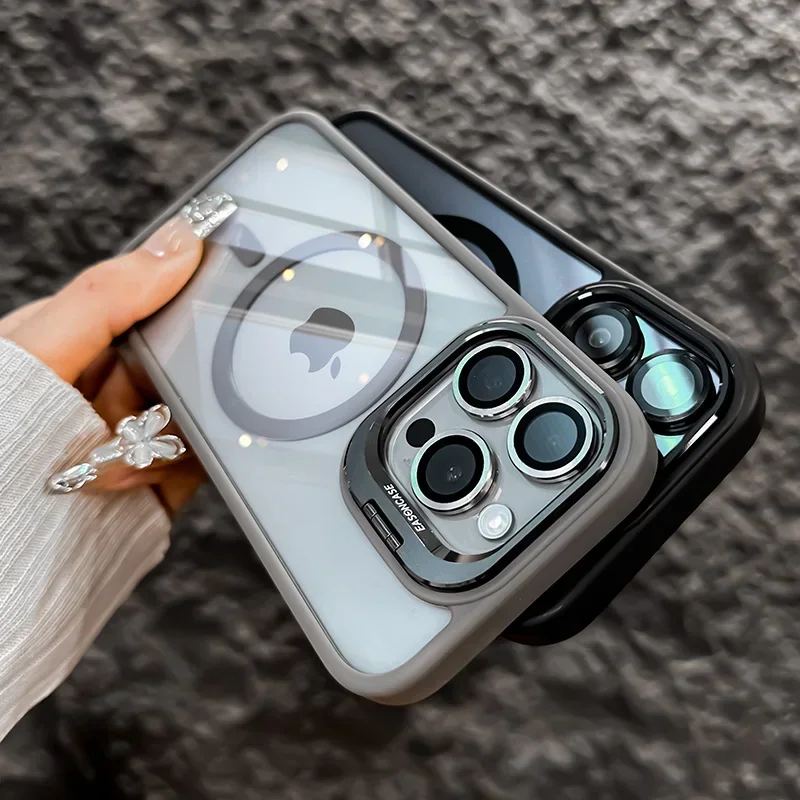 Luxury Metal Ring Bracket High Transparent Shockproof Mobile Phone Case For iPhone 16 15 14 13 12 11 ProMax Lens protective film