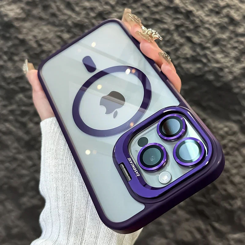 Luxury Metal Ring Bracket High Transparent Shockproof Mobile Phone Case For iPhone 16 15 14 13 12 11 ProMax Lens protective film