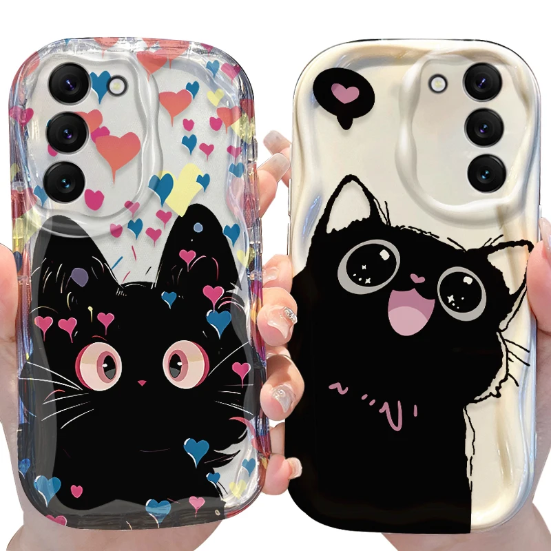 Black Cat Wave Case for Samsung Galaxy S24 S23 S22 S21 Ultra Plus S20 FE A73 A72 A71 A55 A54 5G A53 A52 A51 4G A50S A50 Cover