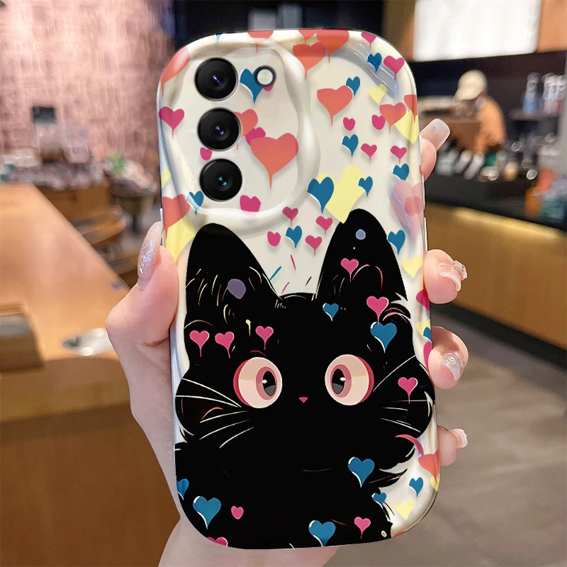 Black Cat Wave Case for Samsung Galaxy S24 S23 S22 S21 Ultra Plus S20 FE A73 A72 A71 A55 A54 5G A53 A52 A51 4G A50S A50 Cover