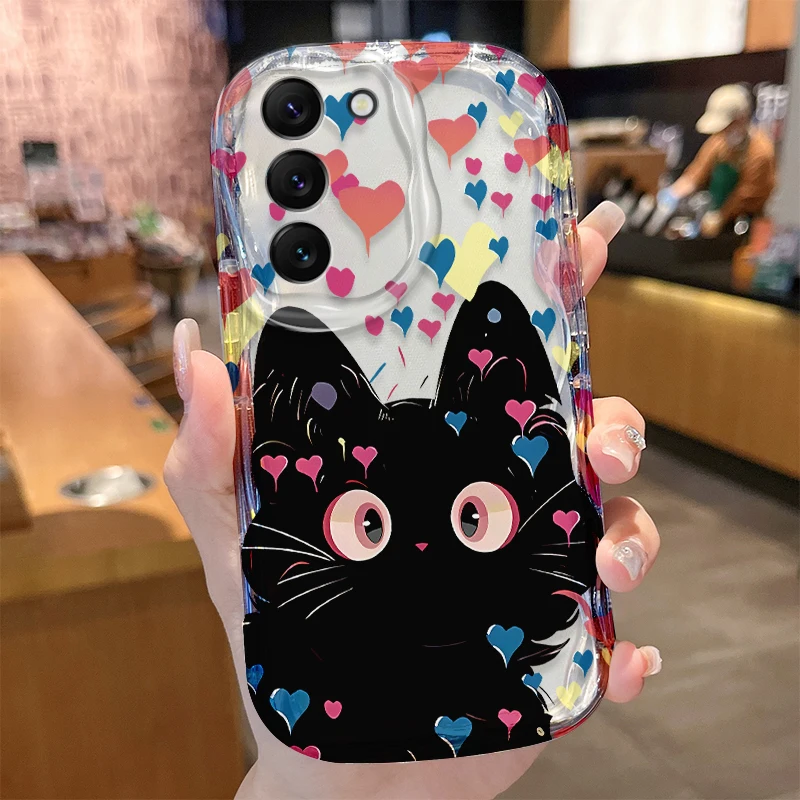 Black Cat Wave Case for Samsung Galaxy S24 S23 S22 S21 Ultra Plus S20 FE A73 A72 A71 A55 A54 5G A53 A52 A51 4G A50S A50 Cover