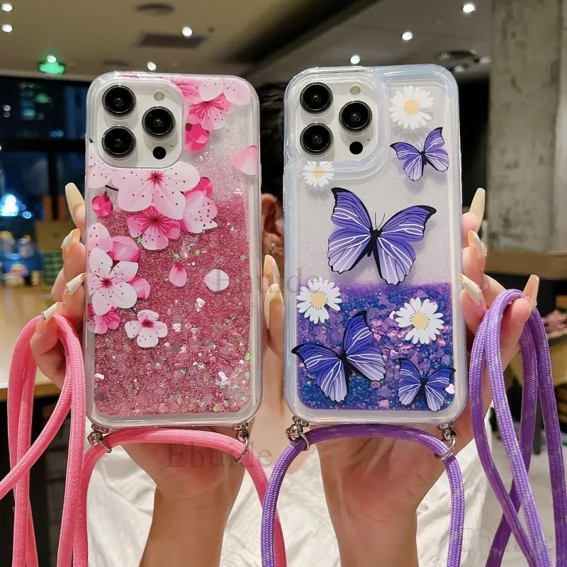 Quicksand Strap Case For Samsung Galaxy S26 Ultra S24 S23 S25 Plus S21 S22 S20 FE Liquid Glitter Flower Crossbody Lanyard Cover