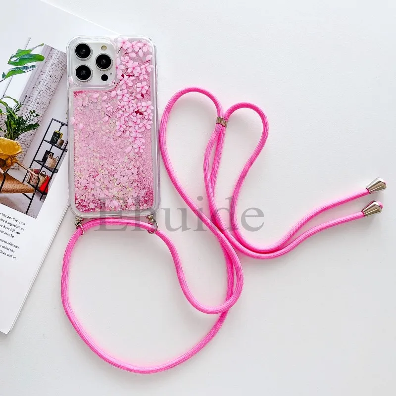 Quicksand Strap Case For Samsung Galaxy S26 Ultra S24 S23 S25 Plus S21 S22 S20 FE Liquid Glitter Flower Crossbody Lanyard Cover