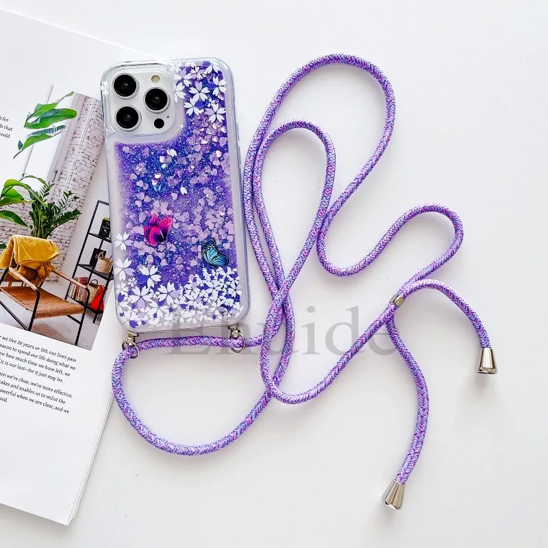 Quicksand Strap Case For Samsung Galaxy S26 Ultra S24 S23 S25 Plus S21 S22 S20 FE Liquid Glitter Flower Crossbody Lanyard Cover