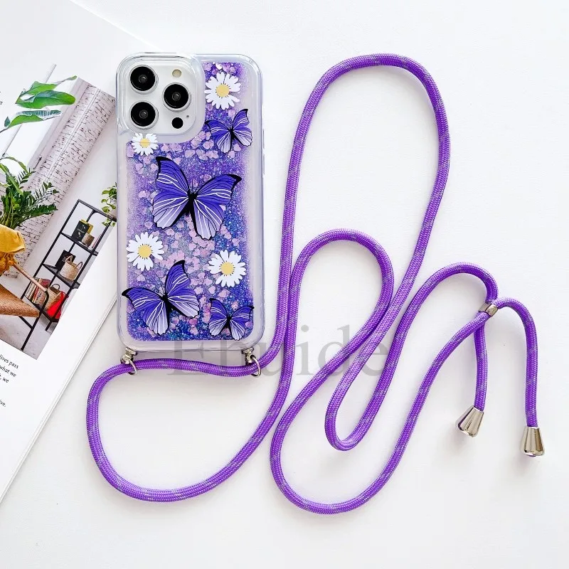 Quicksand Strap Case For Samsung Galaxy S26 Ultra S24 S23 S25 Plus S21 S22 S20 FE Liquid Glitter Flower Crossbody Lanyard Cover