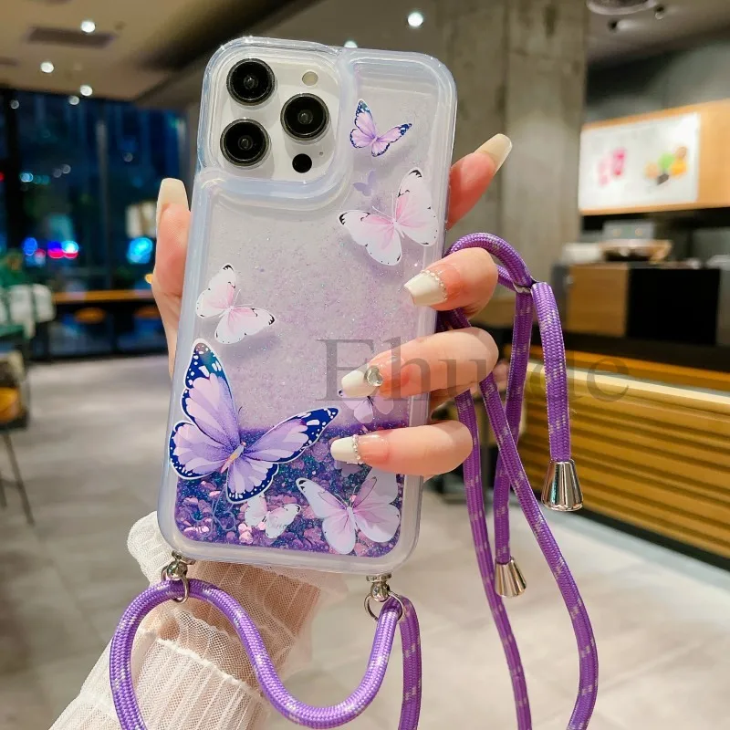 Quicksand Strap Case For Samsung Galaxy S26 Ultra S24 S23 S25 Plus S21 S22 S20 FE Liquid Glitter Flower Crossbody Lanyard Cover