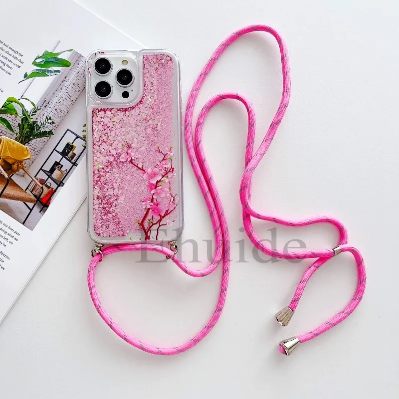 Quicksand Strap Case For Samsung Galaxy S26 Ultra S24 S23 S25 Plus S21 S22 S20 FE Liquid Glitter Flower Crossbody Lanyard Cover
