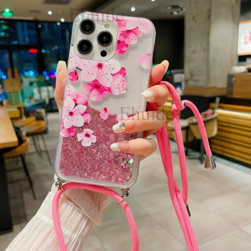 Quicksand Strap Case For Samsung Galaxy S26 Ultra S24 S23 S25 Plus S21 S22 S20 FE Liquid Glitter Flower Crossbody Lanyard Cover