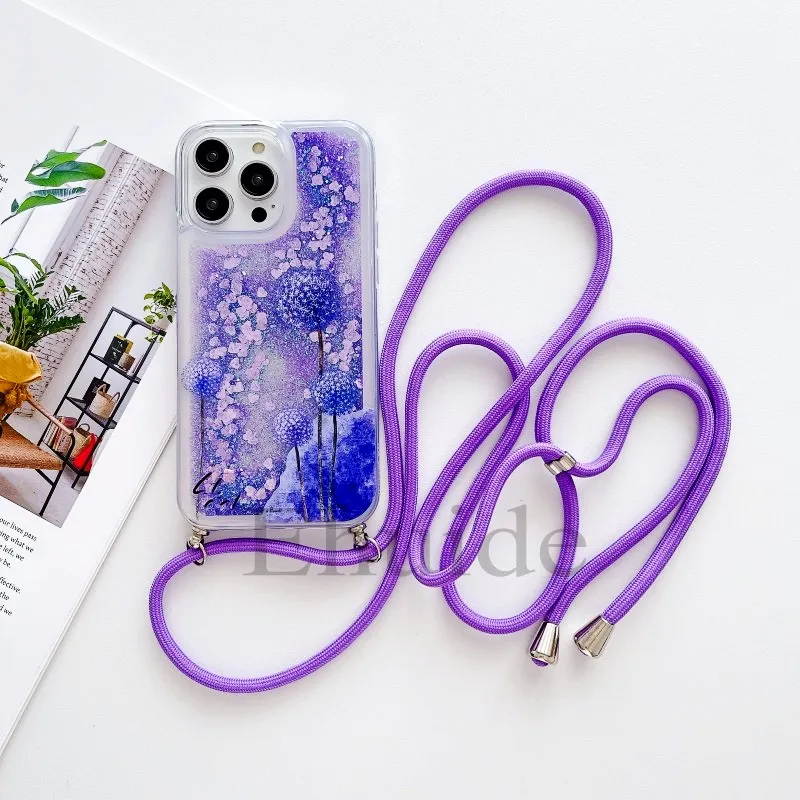 Quicksand Strap Case For Samsung Galaxy S26 Ultra S24 S23 S25 Plus S21 S22 S20 FE Liquid Glitter Flower Crossbody Lanyard Cover