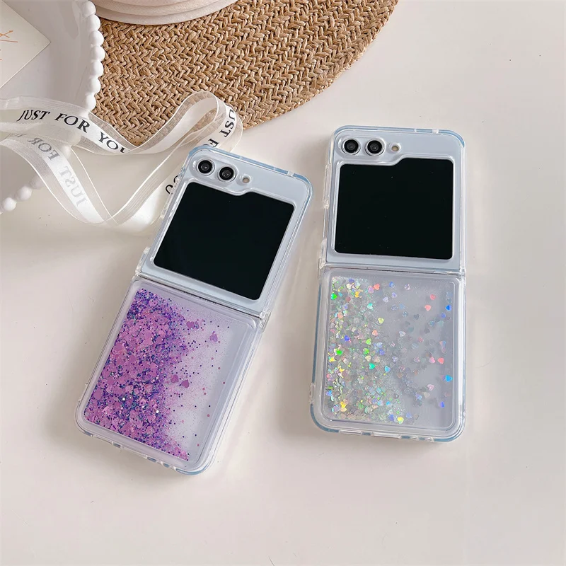 Glitter Color Hearts Sequins Quicksand Case for Samsung Z Flip 6 7 Liquid Sparkle Folding Cell Phone Cover Soft Protective Shell