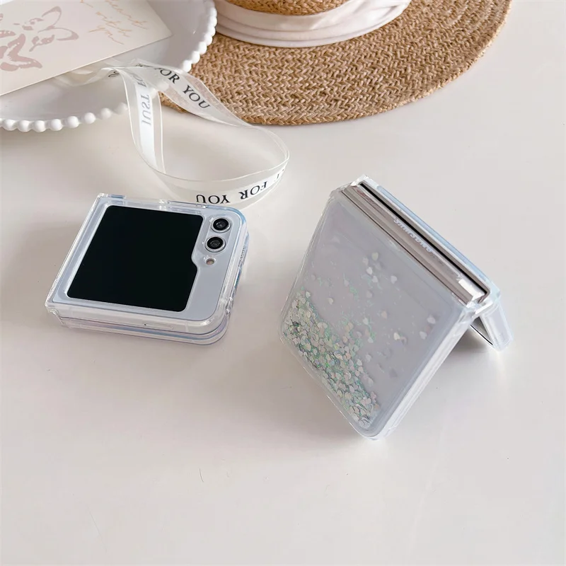 Glitter Color Hearts Sequins Quicksand Case for Samsung Z Flip 6 7 Liquid Sparkle Folding Cell Phone Cover Soft Protective Shell