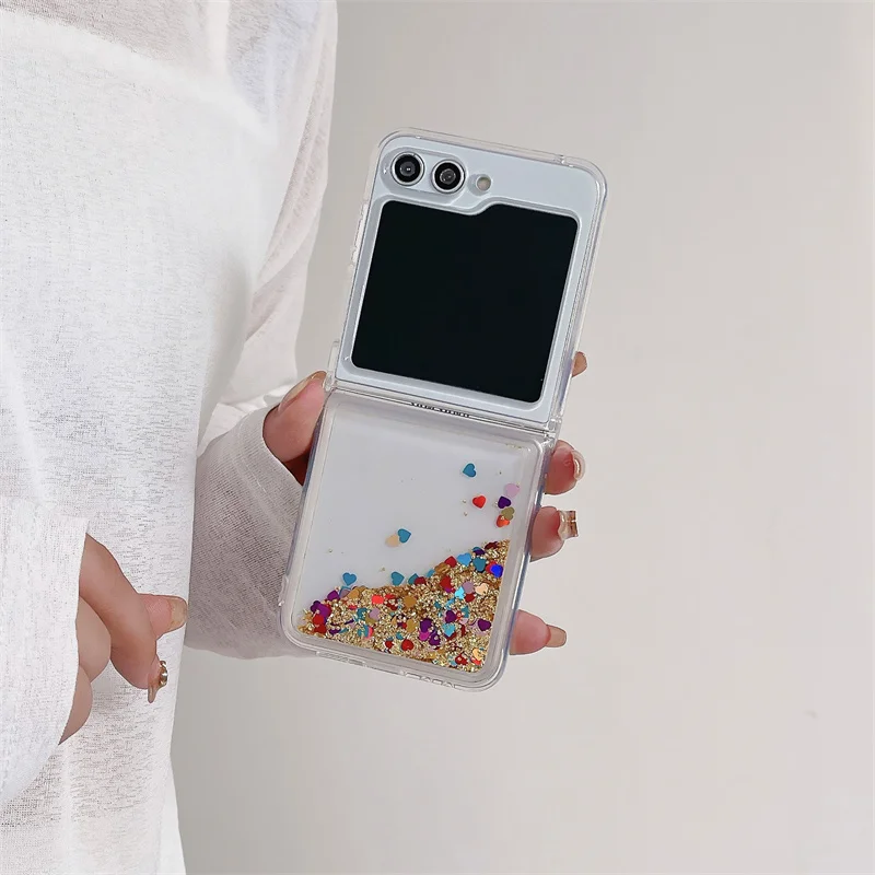 Glitter Color Hearts Sequins Quicksand Case for Samsung Z Flip 6 7 Liquid Sparkle Folding Cell Phone Cover Soft Protective Shell