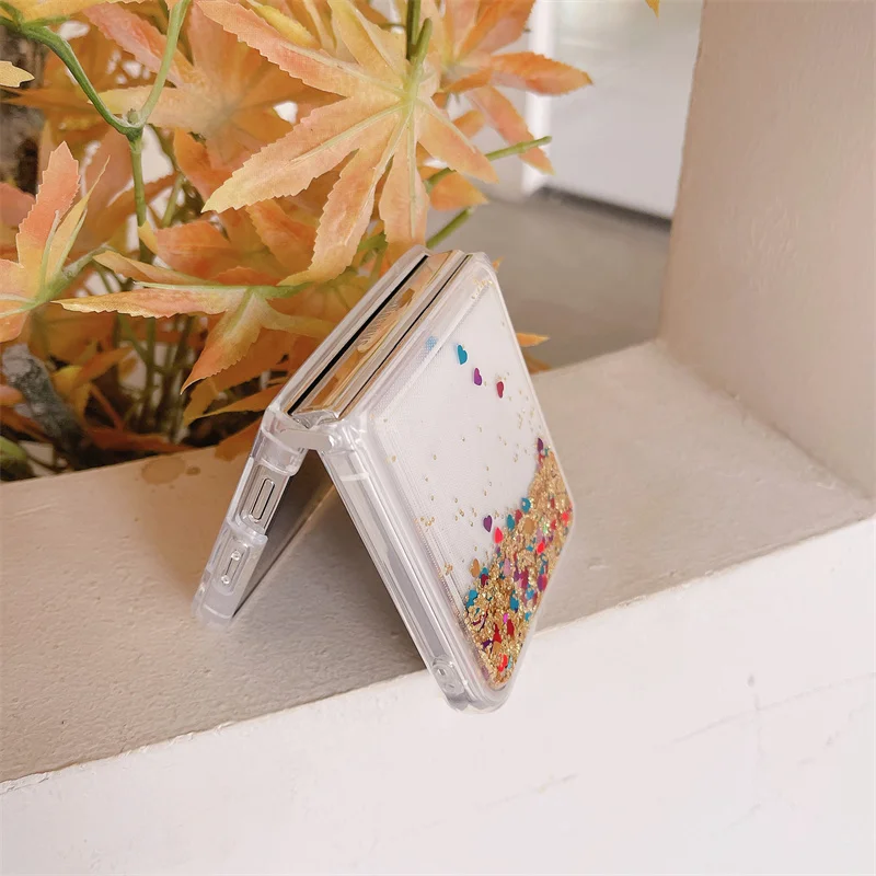 Glitter Color Hearts Sequins Quicksand Case for Samsung Z Flip 6 7 Liquid Sparkle Folding Cell Phone Cover Soft Protective Shell