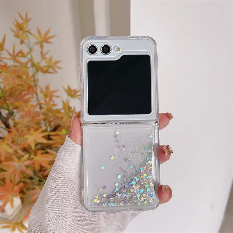 Glitter Color Hearts Sequins Quicksand Case for Samsung Z Flip 6 7 Liquid Sparkle Folding Cell Phone Cover Soft Protective Shell