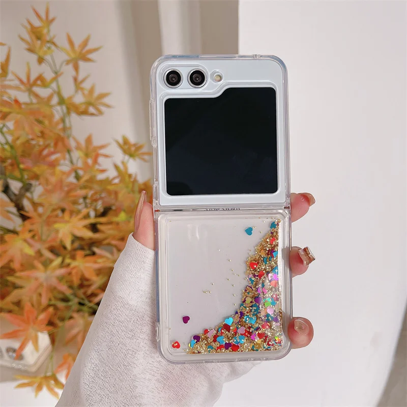 Glitter Color Hearts Sequins Quicksand Case for Samsung Z Flip 6 7 Liquid Sparkle Folding Cell Phone Cover Soft Protective Shell