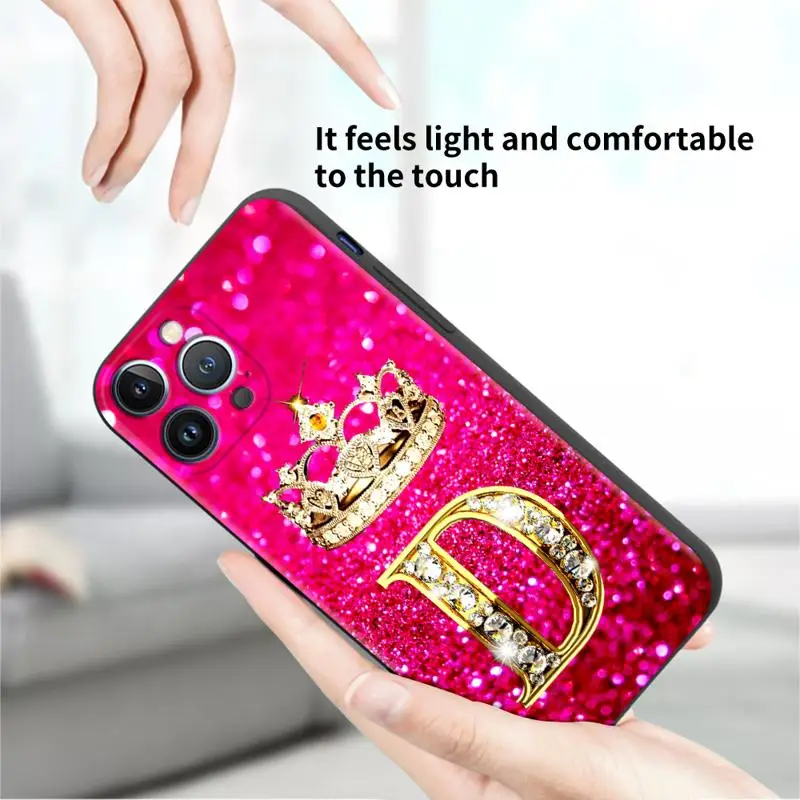 Pink Diamonds Letter Case For Apple iPhone 11 15 13 14 Pro Max 12 Plus X 15Pro Black Silicone Phone Coque