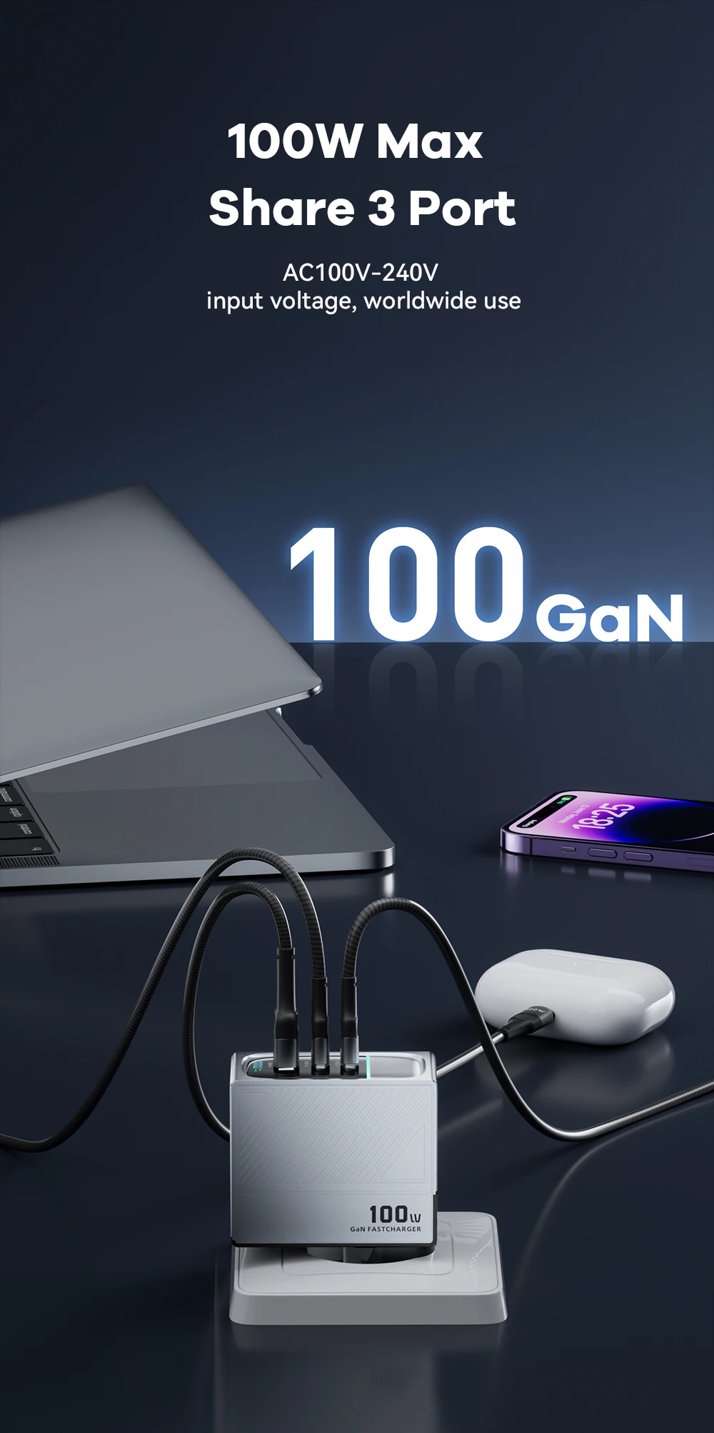 GaN USB Charger PD 100W Fast Charging Type C QC 4.0 3.0 For iPhone 14 13 Samsung Xiaomi Macbook Tablet Travel Charger Adapter