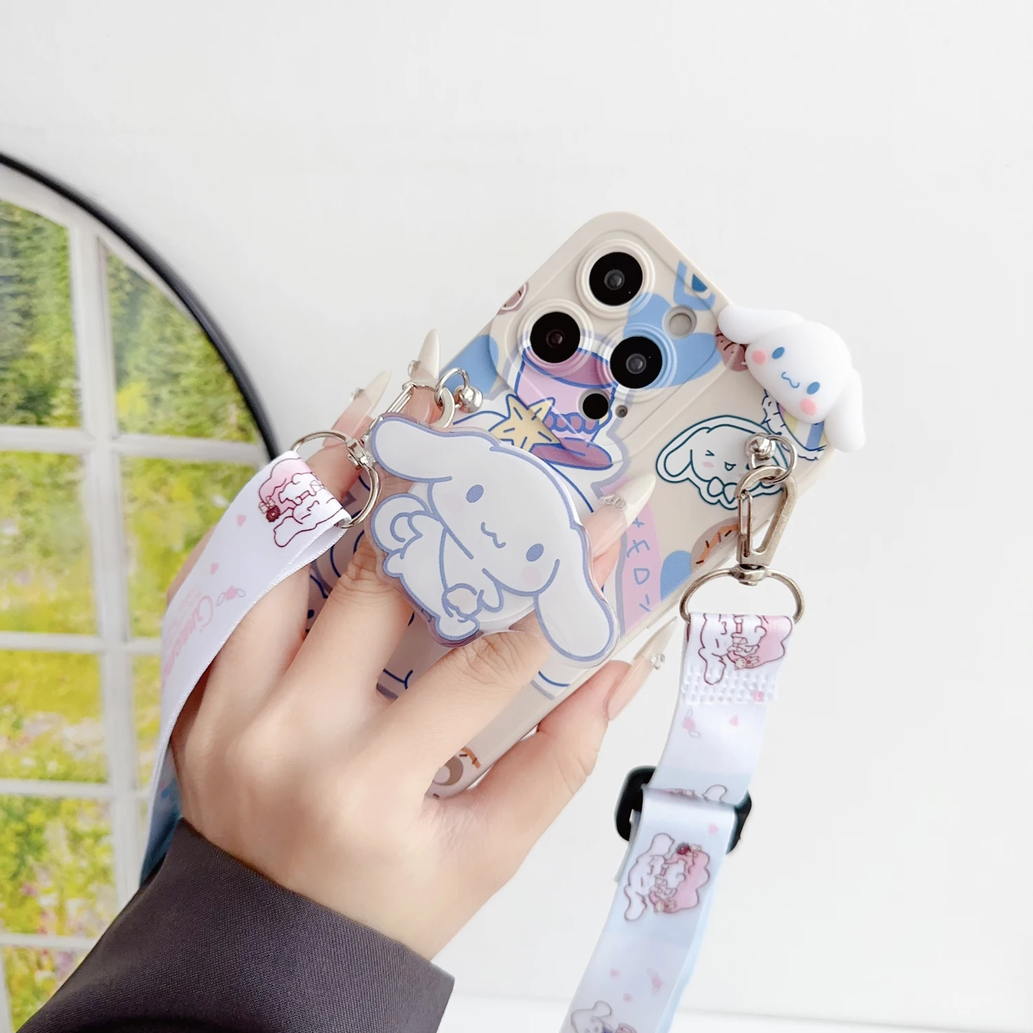 For iPhone 16 15 14 13 12 11 XR Xs 8 7 6 Pro Max mini Plus e ice cream Cinnamoroll Case With Holder Rope