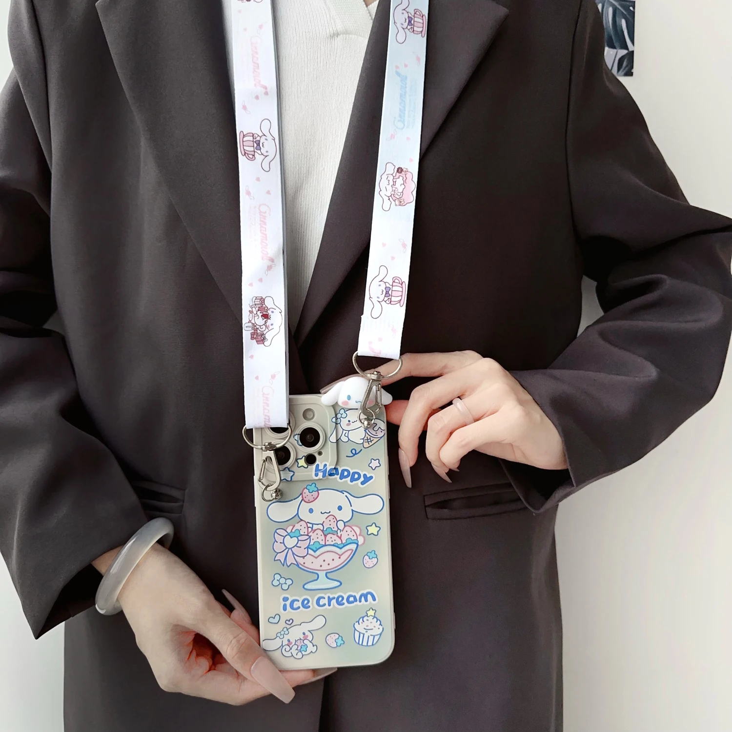 For iPhone 16 15 14 13 12 11 XR Xs 8 7 6 Pro Max mini Plus e ice cream Cinnamoroll Case With Holder Rope