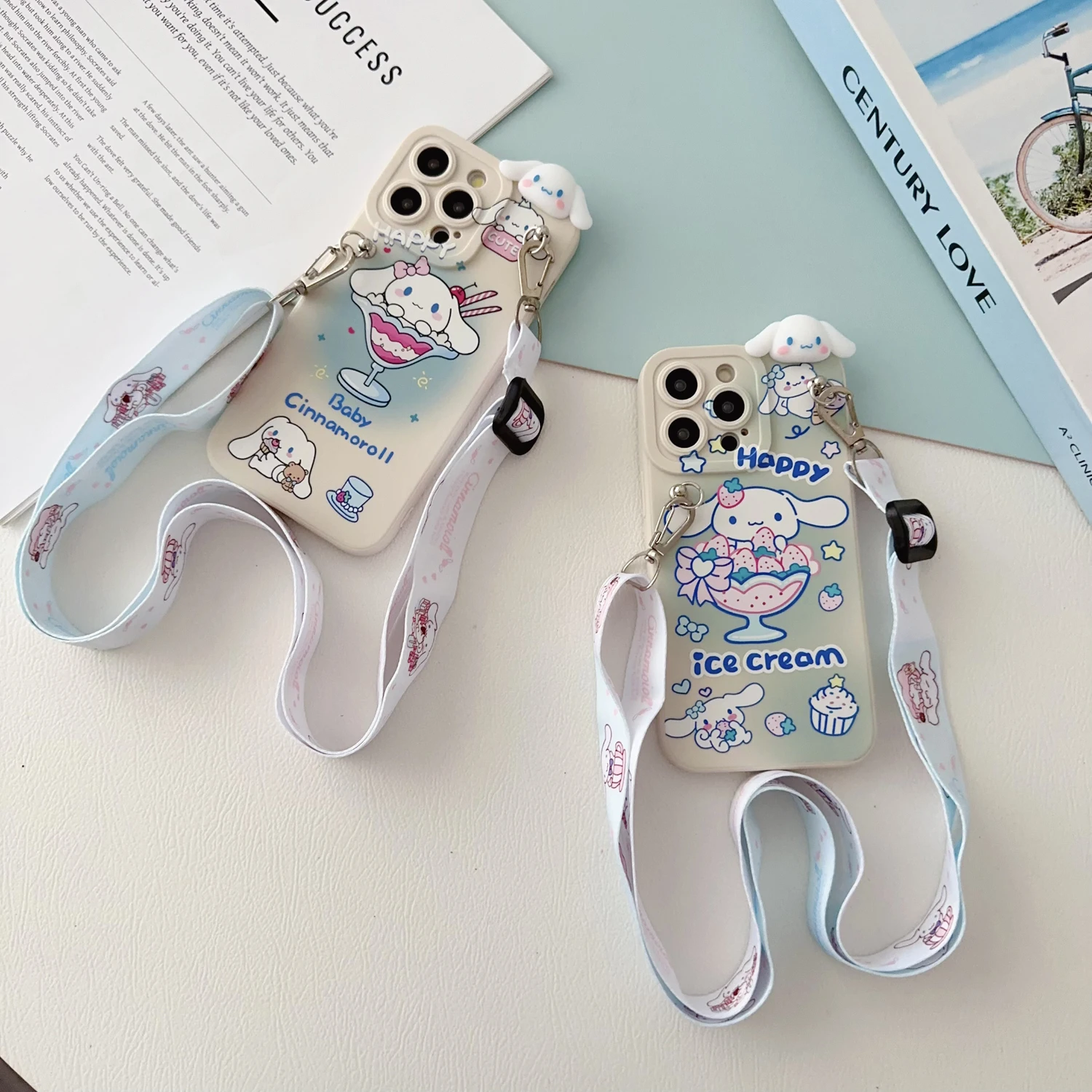 For iPhone 16 15 14 13 12 11 XR Xs 8 7 6 Pro Max mini Plus e ice cream Cinnamoroll Case With Holder Rope