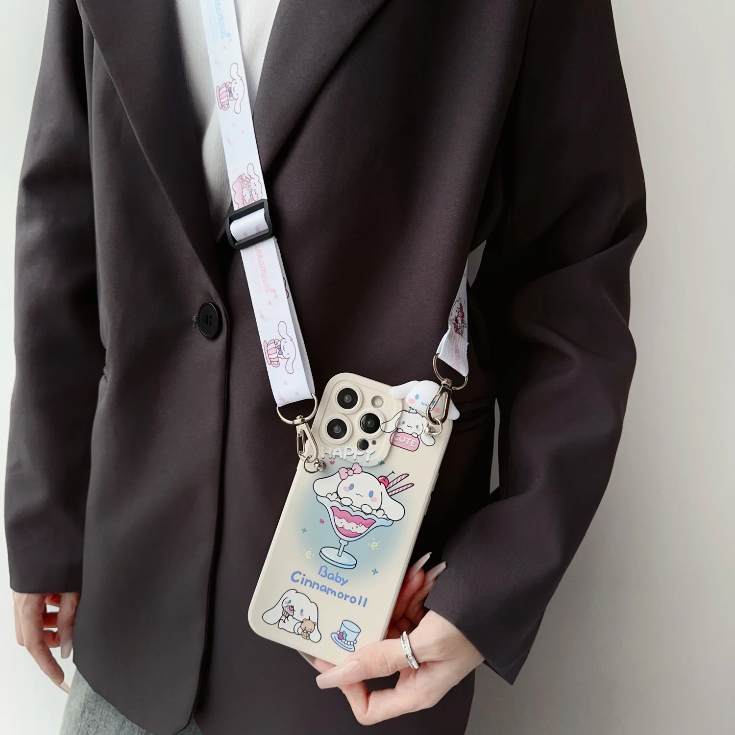 For iPhone 16 15 14 13 12 11 XR Xs 8 7 6 Pro Max mini Plus e ice cream Cinnamoroll Case With Holder Rope