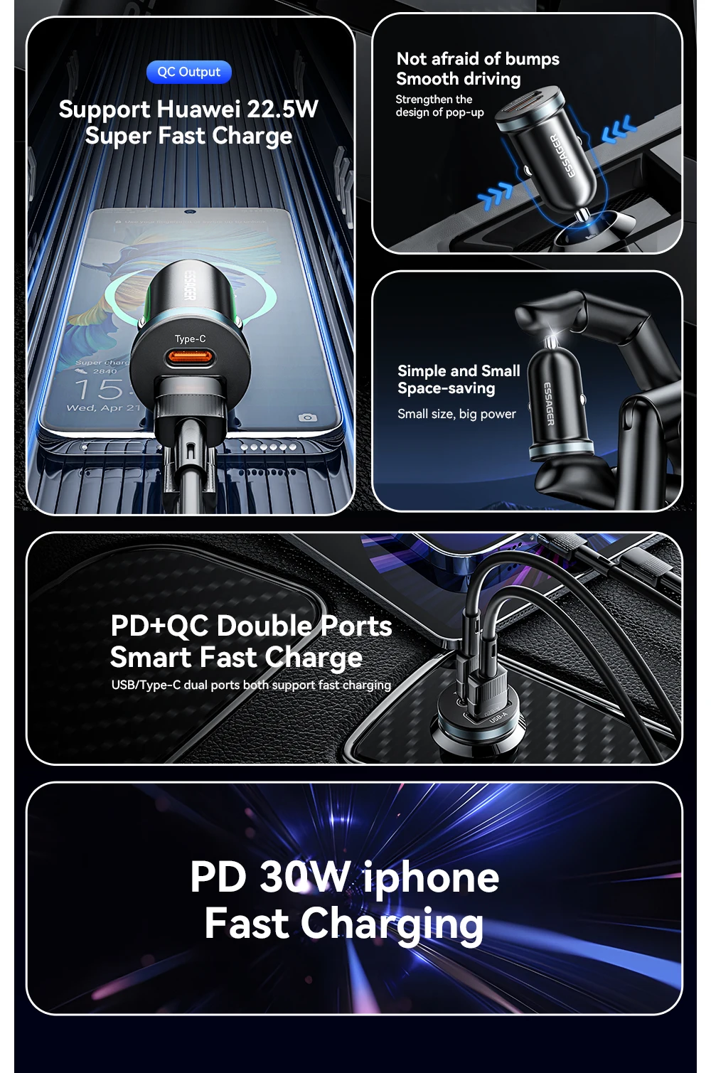 Essager 30W USB Car Charger Quick Charge 4.0 3.0 FCP SCP USB PD For Xiaomi iPhone 12 13 14 Pro Fast Charging Car Phone C Charger