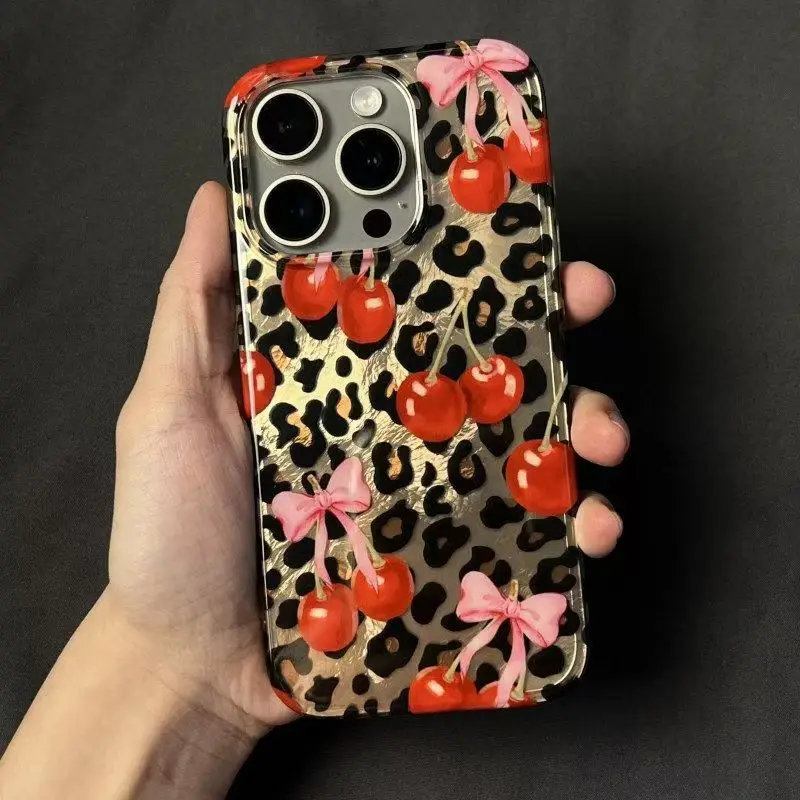 Luxury Cute Pink Bowknot Leopard Cherry Phone Case For iPhone 17 16 Pro Max Case iPhone 17 15 14 13 12 11 XS X XR 7 8 Plus Cover