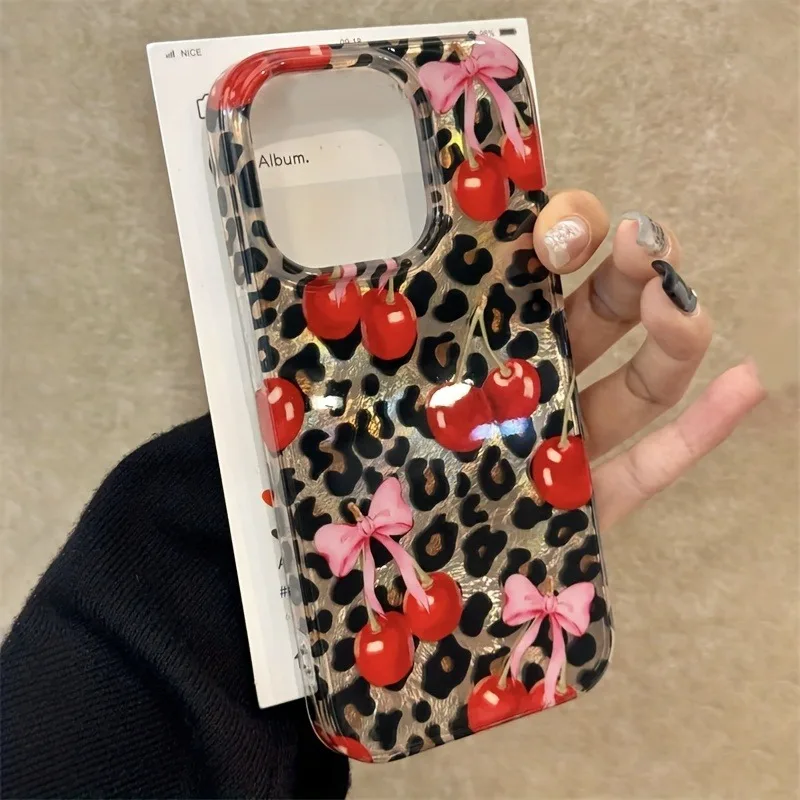 Luxury Cute Pink Bowknot Leopard Cherry Phone Case For iPhone 17 16 Pro Max Case iPhone 17 15 14 13 12 11 XS X XR 7 8 Plus Cover