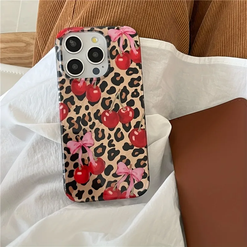 Luxury Cute Pink Bowknot Leopard Cherry Phone Case For iPhone 17 16 Pro Max Case iPhone 17 15 14 13 12 11 XS X XR 7 8 Plus Cover