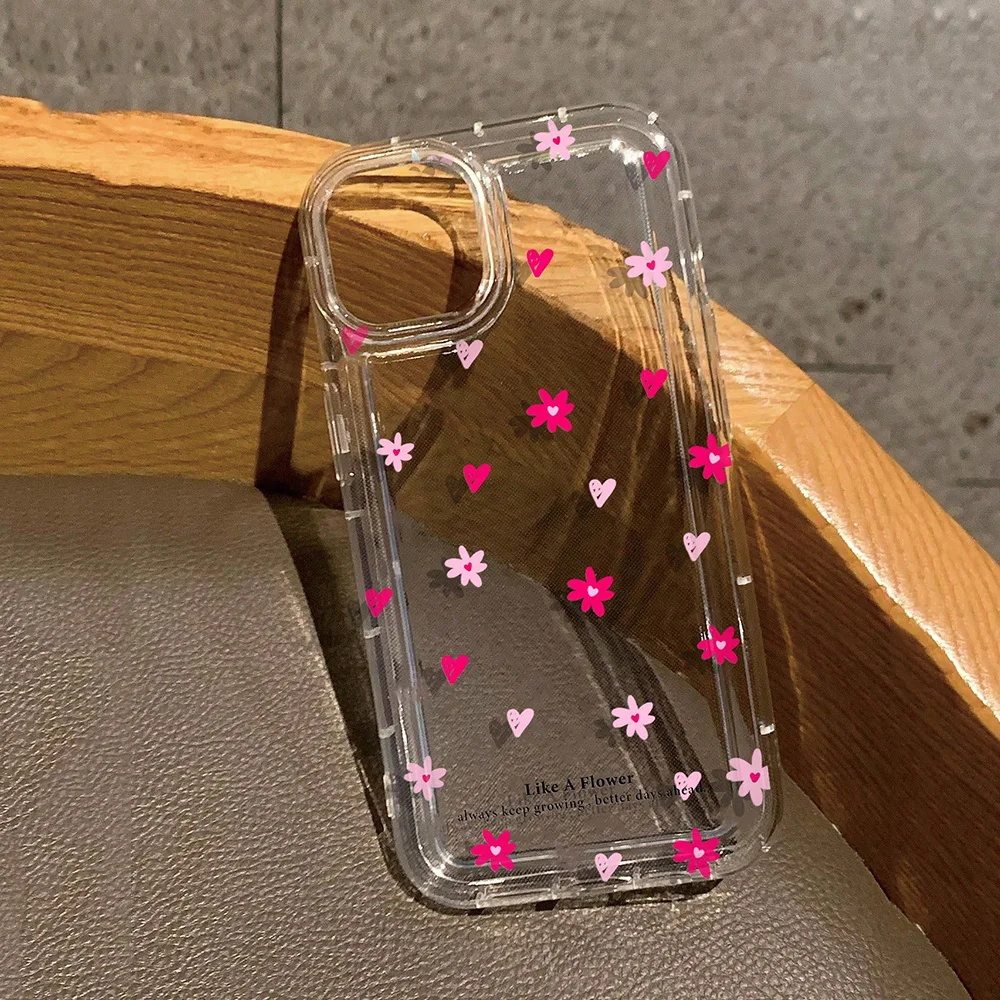 Pink Flowers Heart Print Clear Phone Case For iPhone 17 Cases iPhone 16 15 14 13 12 11 Pro Max 16E XS X XR 7 8 Plus 17 Air Cover