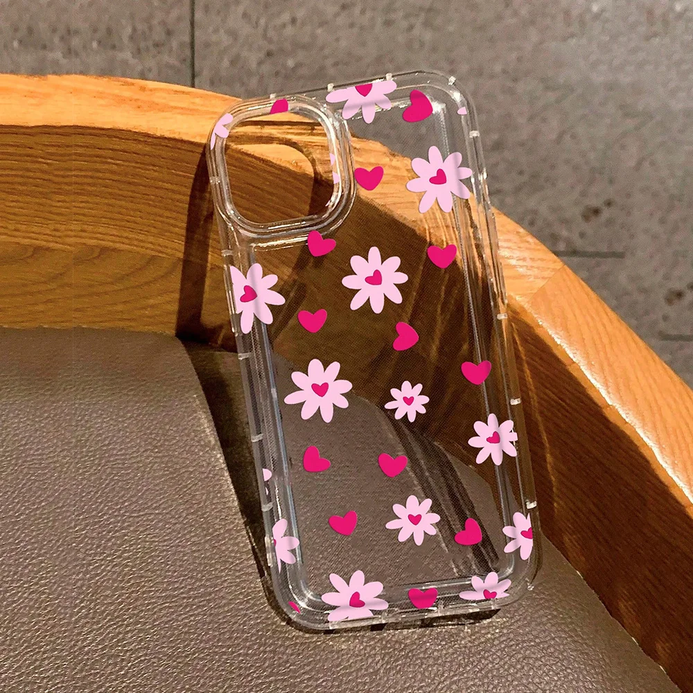 Pink Flowers Heart Print Clear Phone Case For iPhone 17 Cases iPhone 16 15 14 13 12 11 Pro Max 16E XS X XR 7 8 Plus 17 Air Cover