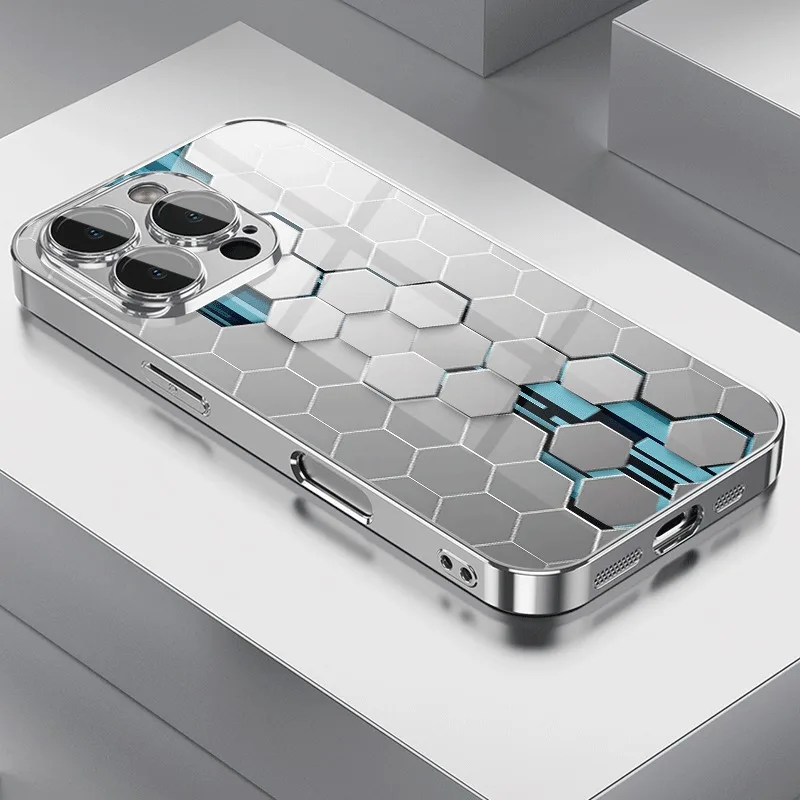 Silver Gradient Honeycomb Pattern Glass Electroplated Phone Case For iPhone 17 16 15 Pro Max 14 Plus 13 12 11 16E 17 Air Cover