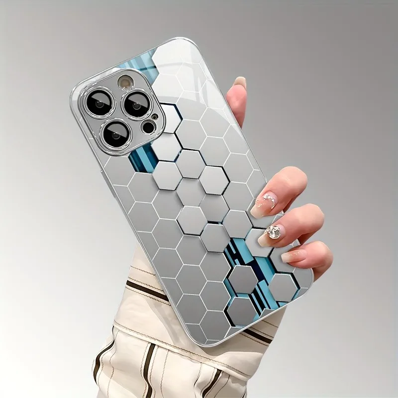 Silver Gradient Honeycomb Pattern Glass Electroplated Phone Case For iPhone 17 16 15 Pro Max 14 Plus 13 12 11 16E 17 Air Cover