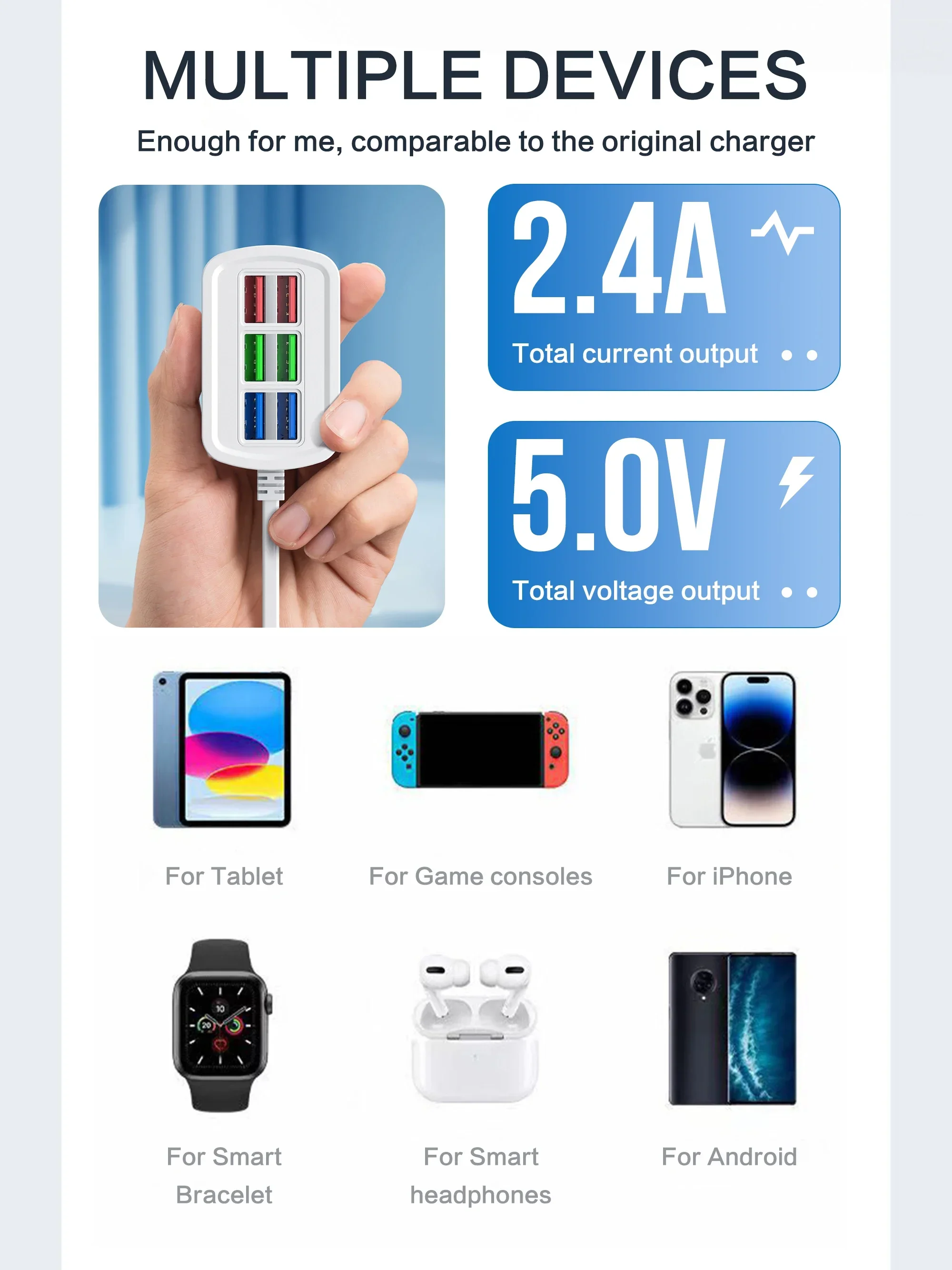 Multi 6 Ports USB Phone Charger Power Strip Universal Adapter Fast Quick Charging Head Socket Wall Charger Socket HUB Splitter
