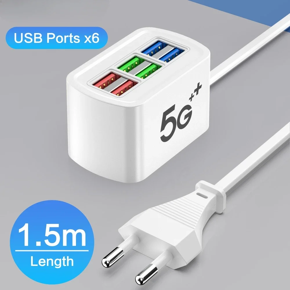 Multi 6 Ports USB Phone Charger Power Strip Universal Adapter Fast Quick Charging Head Socket Wall Charger Socket HUB Splitter