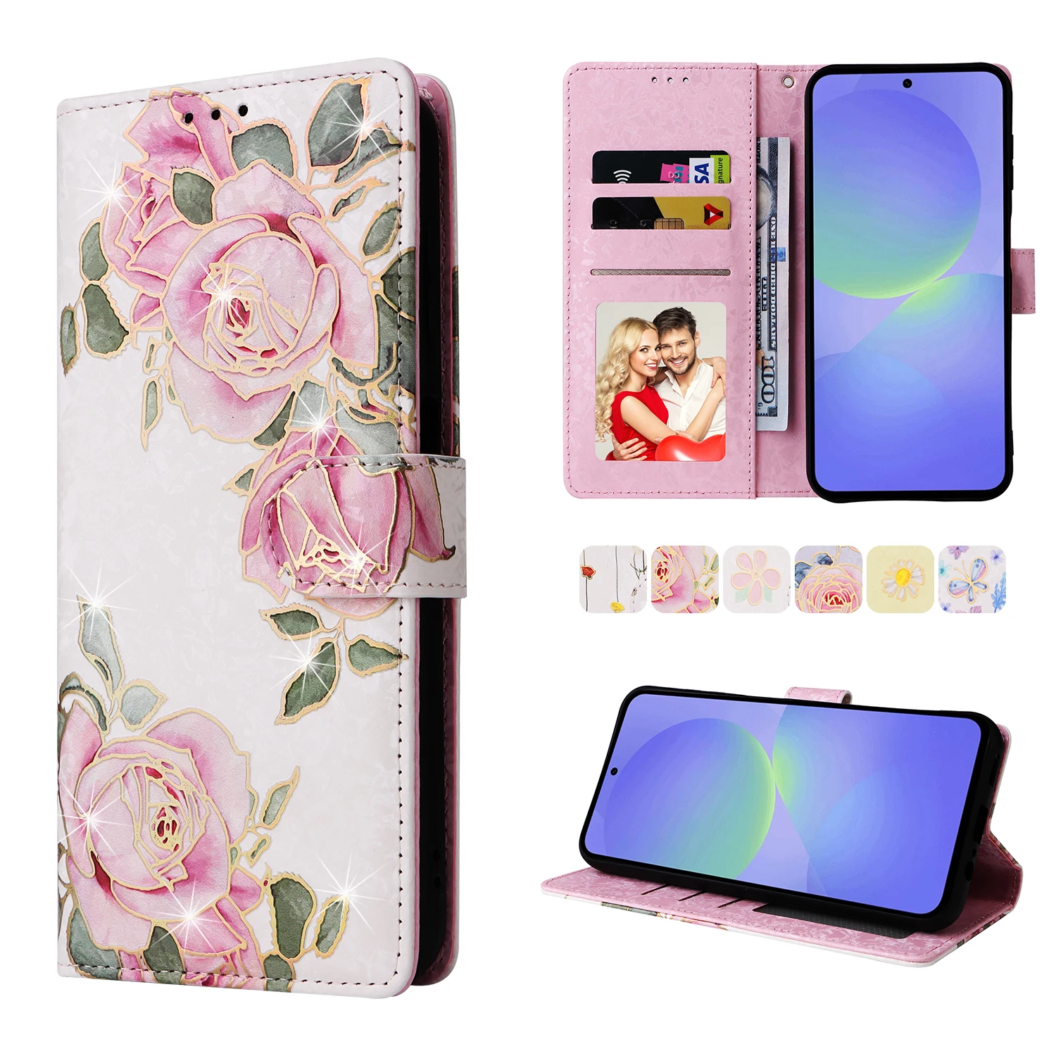 Wallet Floral Leather Phone Case For Samsung Galaxy S25 Edge S25 Ultra S25 Plus S25 S24 S23 S23 Fe S22 S21 S20 S10 E S9 Plus