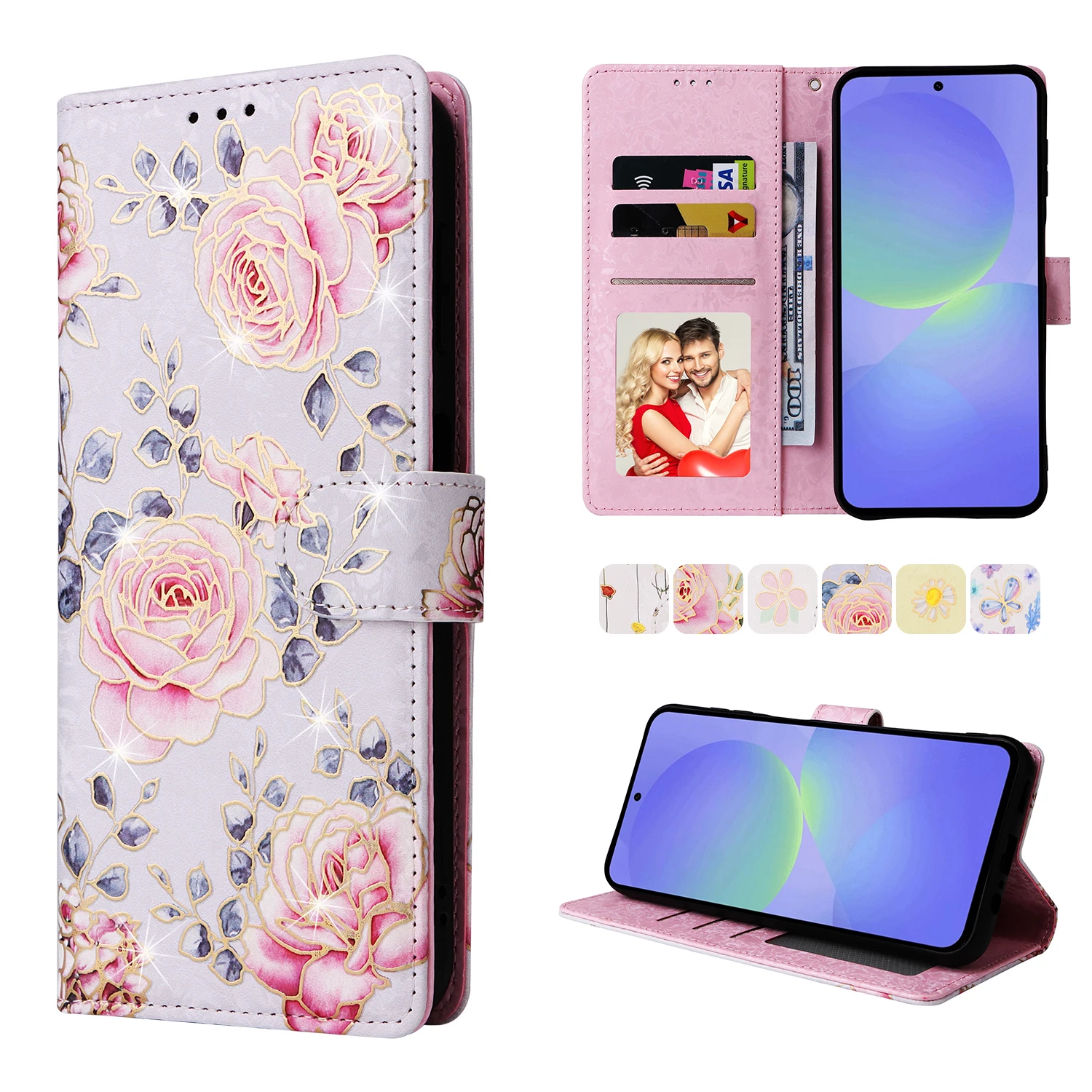 Wallet Floral Leather Phone Case For Samsung Galaxy S25 Edge S25 Ultra S25 Plus S25 S24 S23 S23 Fe S22 S21 S20 S10 E S9 Plus